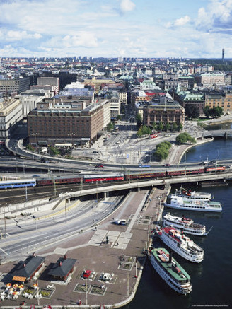 Norrmalm Waterfront with Cruise Boats, Railway and the Sheraton Hotel, Stockholm, Sweden